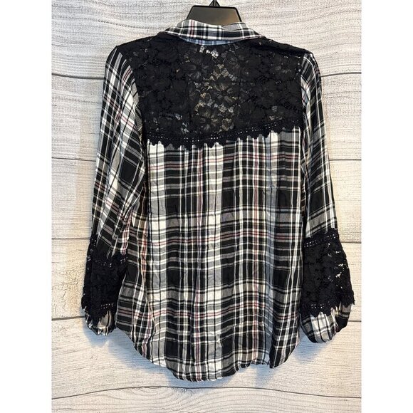 Atina Cristina Plaid Button-Up Shirt With Lace Detailing & 3/4 Sleeves Size M - Picture 3 of 5